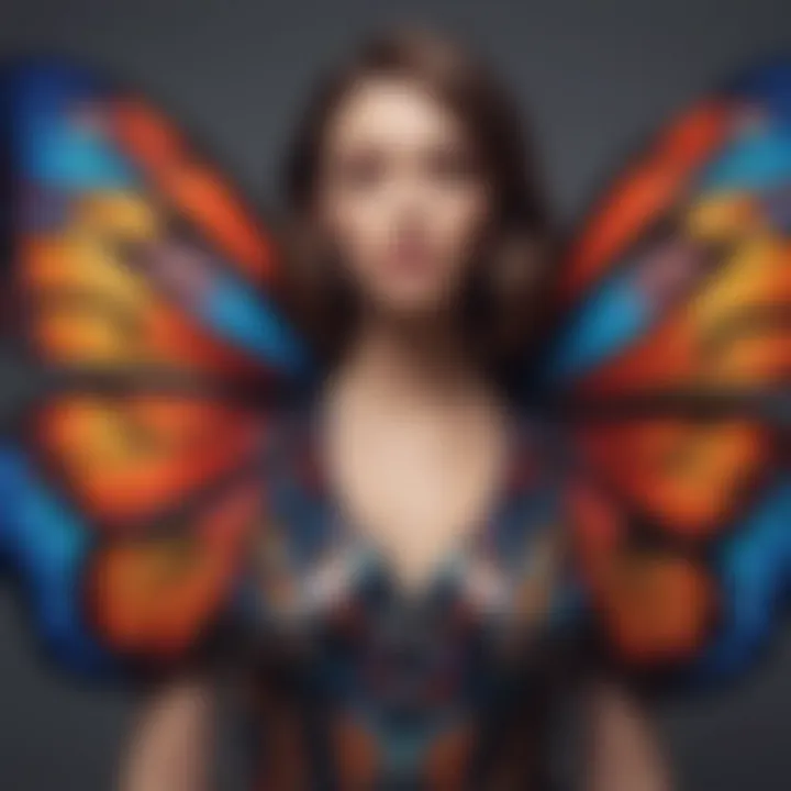 Vibrant butterfly wings draped over a fashionable outfit