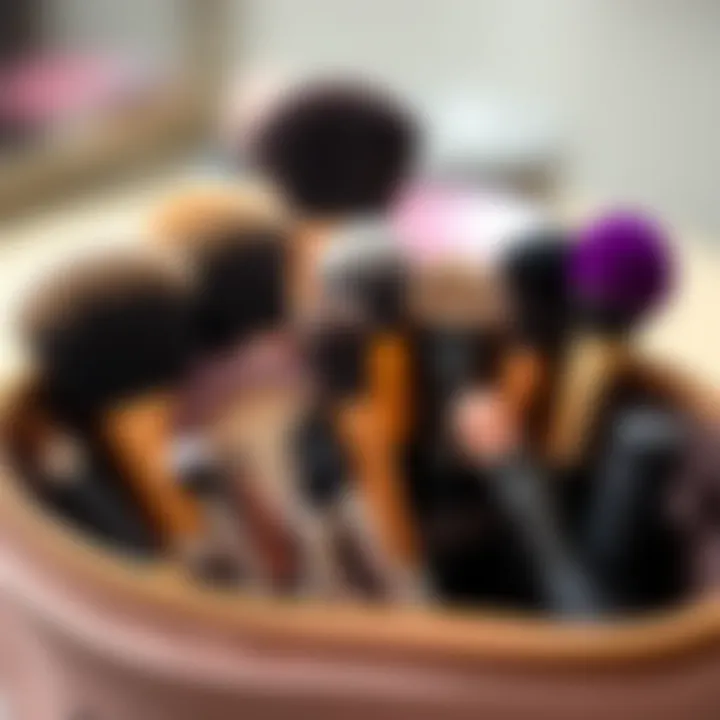 Close-up of various makeup brushes inside a bag