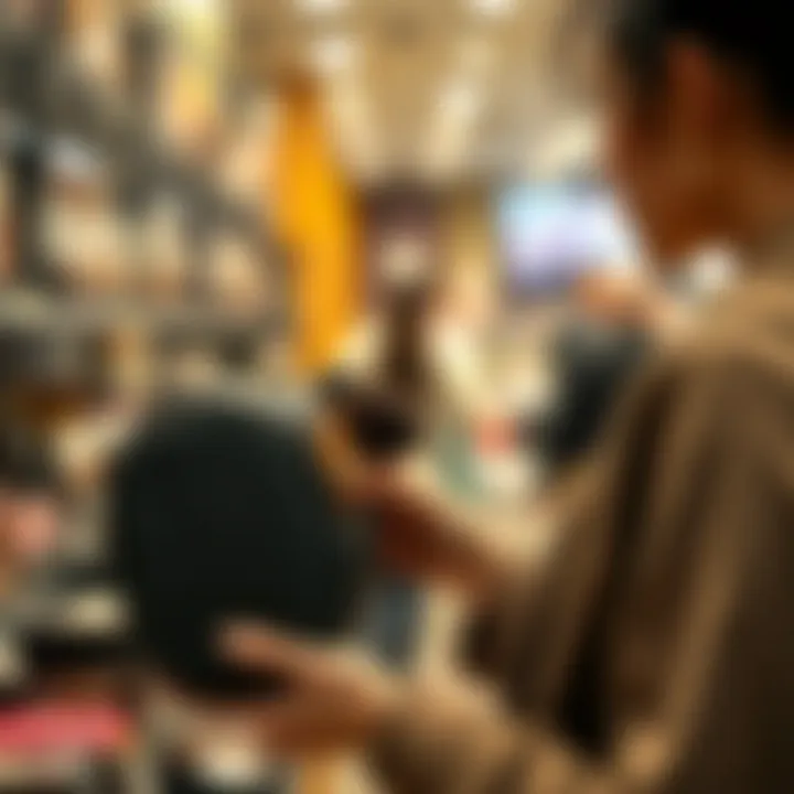 Person selecting a makeup brush bag in a store