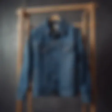 A vintage long denim jacket hanging on a wooden rack