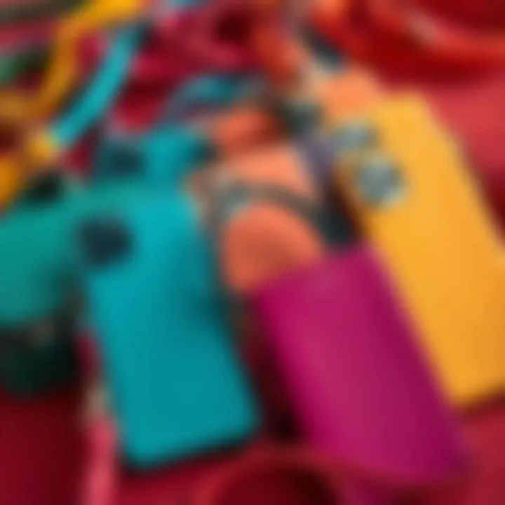 Colorful iPhone 11 cases with crossbody straps arranged aesthetically