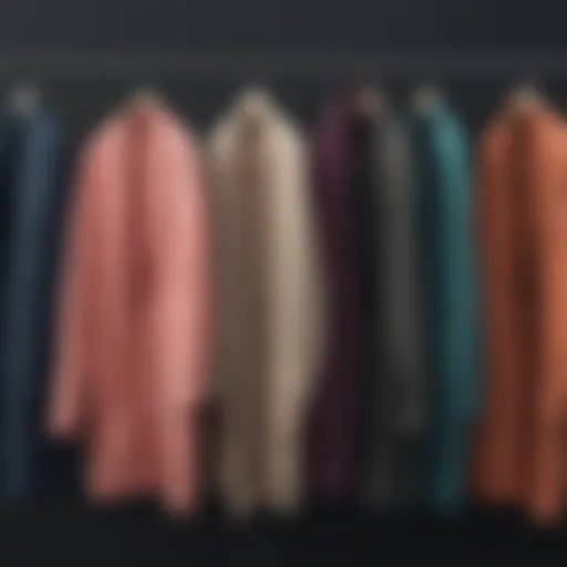 A collection of knee-length cardigans in various colors and designs hanging on a rack