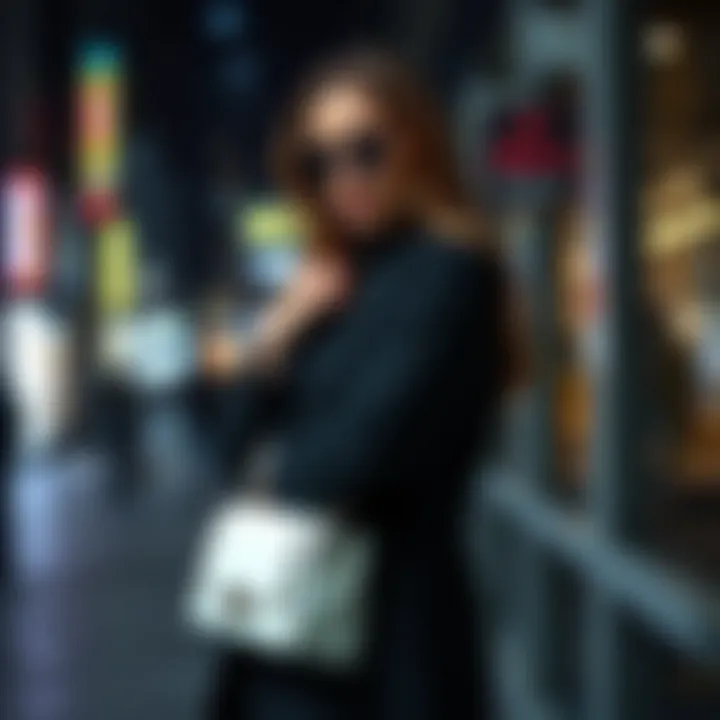 Urban Chic: White Bookbag Purse in Fashion Stylish woman showcasing white bookbag purse in urban setting