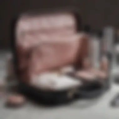 Organized interior of a large zip makeup bag with various beauty items.