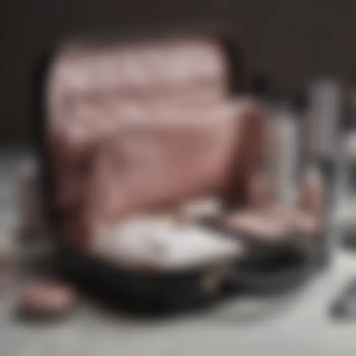 Organized interior of a large zip makeup bag with various beauty items.